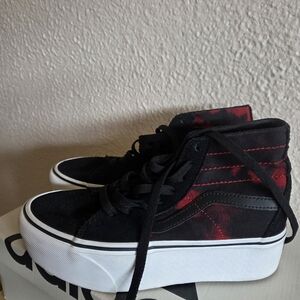 Vans Women's Black and Red High-Top Sneakers